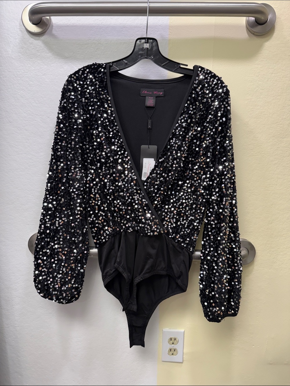 Black Sequin Surplice Bodysuit with Long Sleeves
